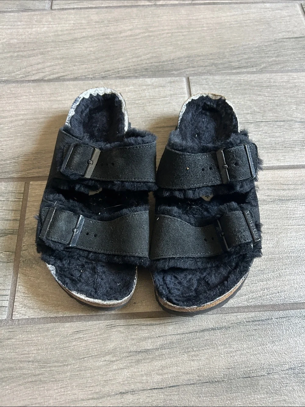 Birkenstock Black Faux Fur Double-Strap Sandals